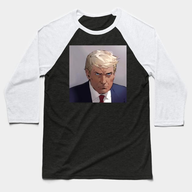 Trump Anime Cartoon Mugshot Baseball T-Shirt by GreenGuyTeesStore